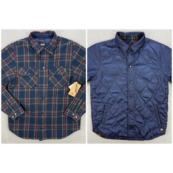 Vans Shirt Jacket Mens Small Navy Blue Plaid Brickell Reversible Quilted Flannel - Picture 1 of 13